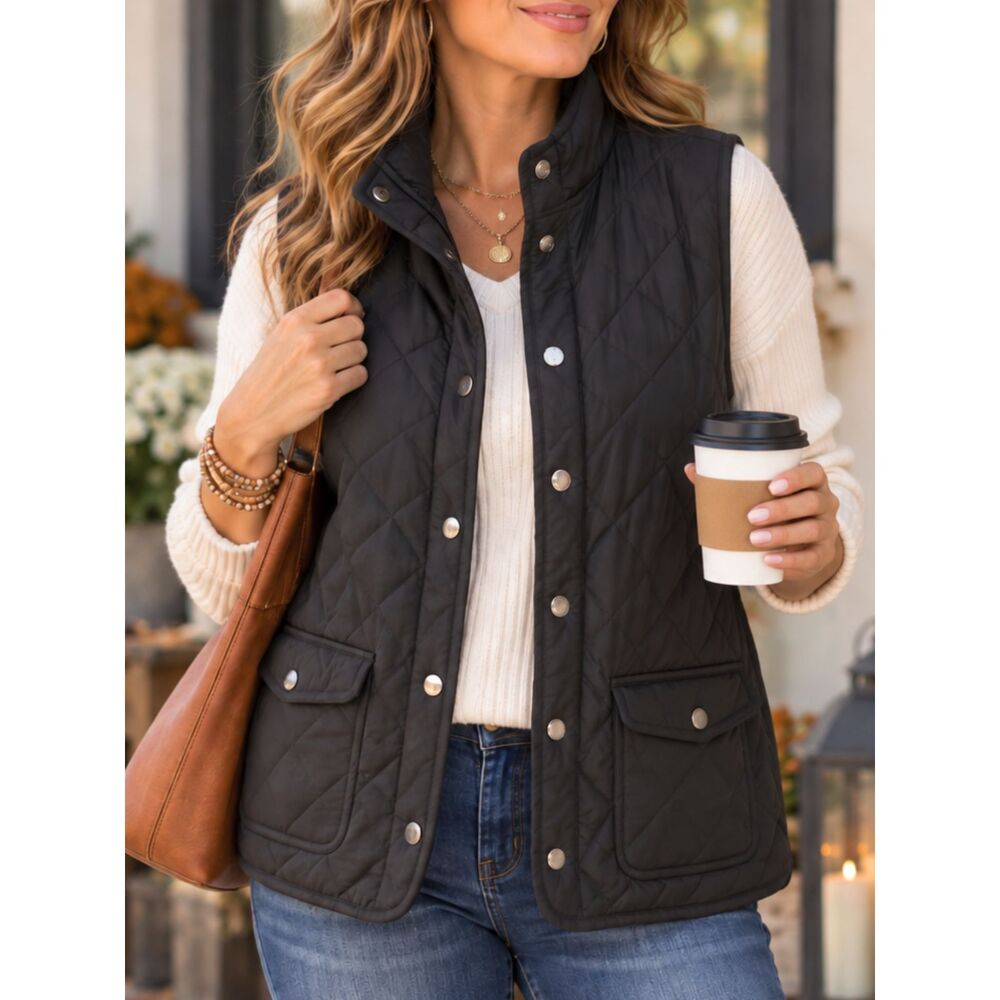 SAVILE ROW CO Quilted Vest Medium Women's Sleeveless Jacket Black Coat Snap